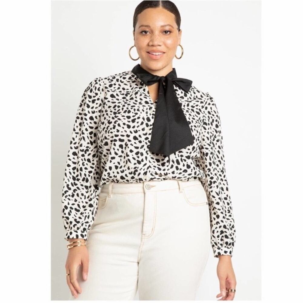 Eloquii Bow Neck Tie Long Sleeve Animal Print Leopard Blouse 20